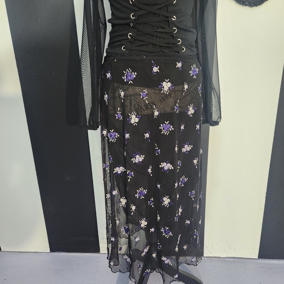 Free People Black Mesh Midi Skirt with Purple Floral Embroidery - Picture 3 of 10